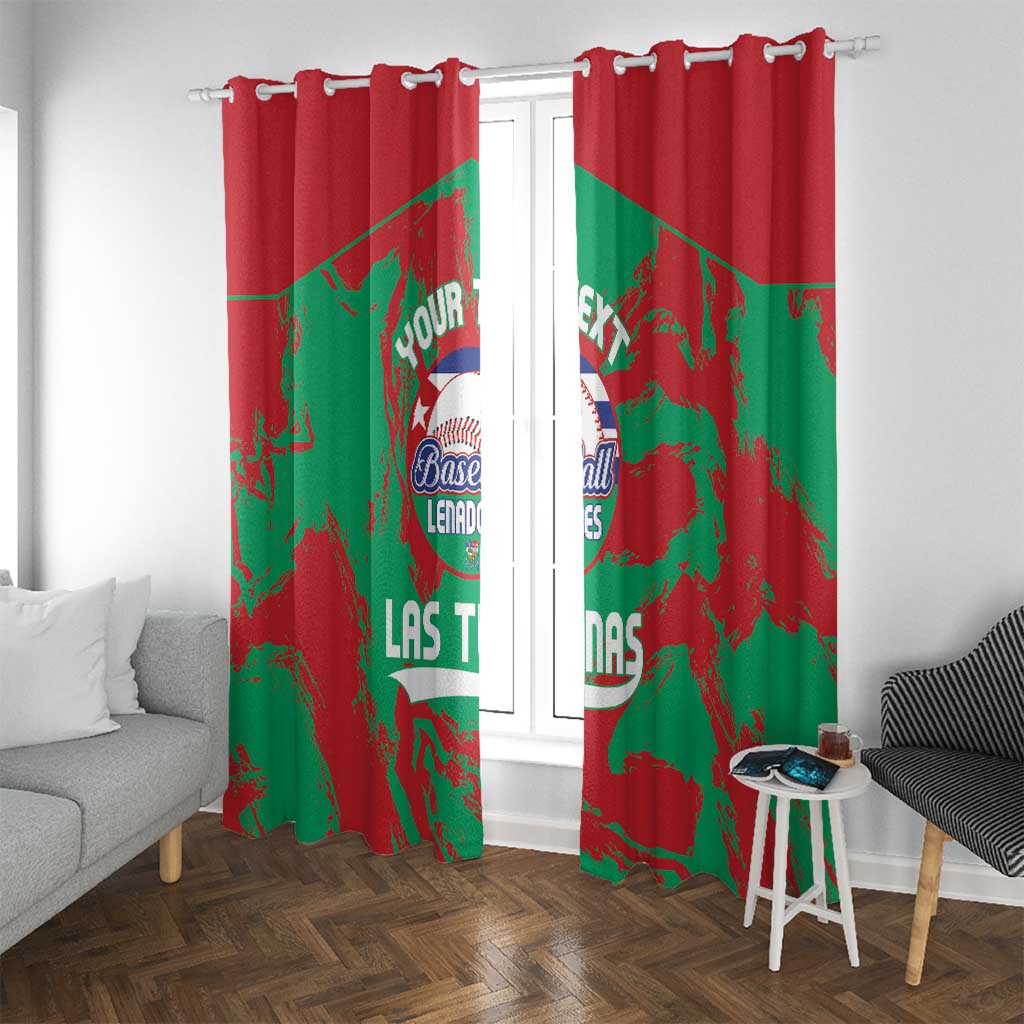Red and green baseball-themed curtains with printed logo and text on both panels