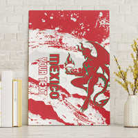 Red canvas wall art with Mexico emblem, green bull, and white splatter graphics