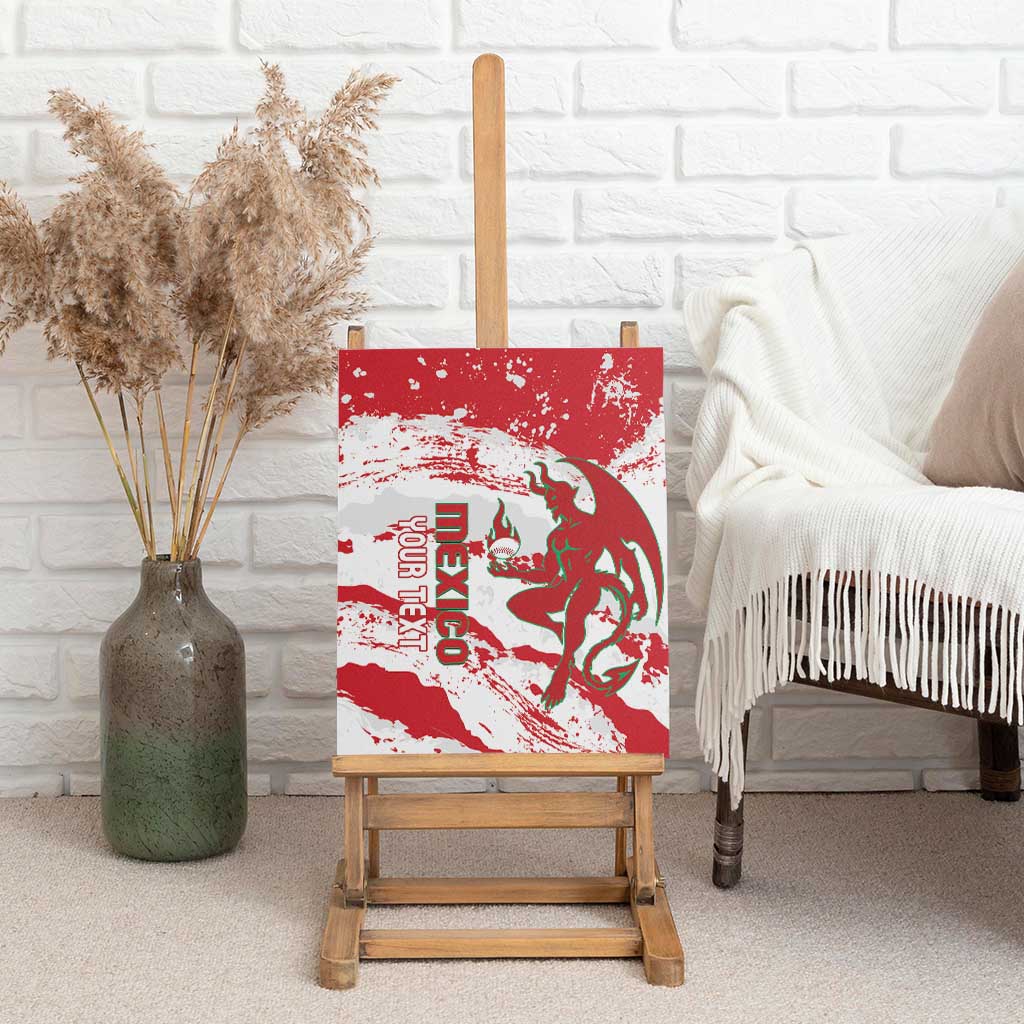 Red canvas wall art of Mexico emblem with green bull and flame graphic on wooden easel