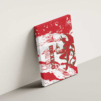 Red canvas wall art featuring Mexico emblem, green bull, and white paint-splatter background