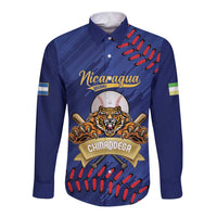 Blue long-sleeve baseball button shirt with Nicaragua graphic and tiger team logo