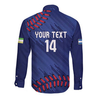 Navy blue long-sleeve baseball button shirt, back text 'YOUR TEXT 14' and number 14