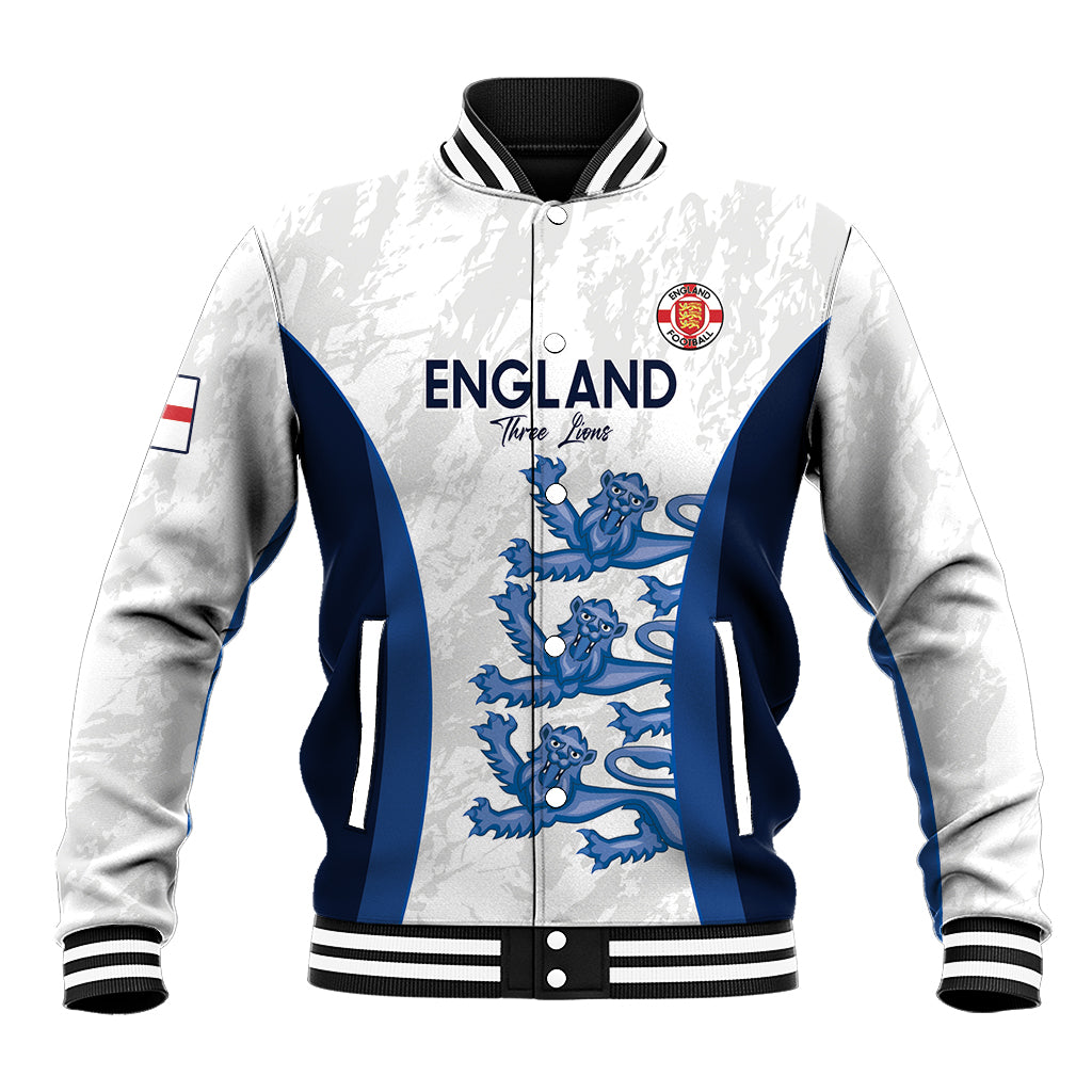 White baseball jacket with blue side panels, England crest and three lions graphic