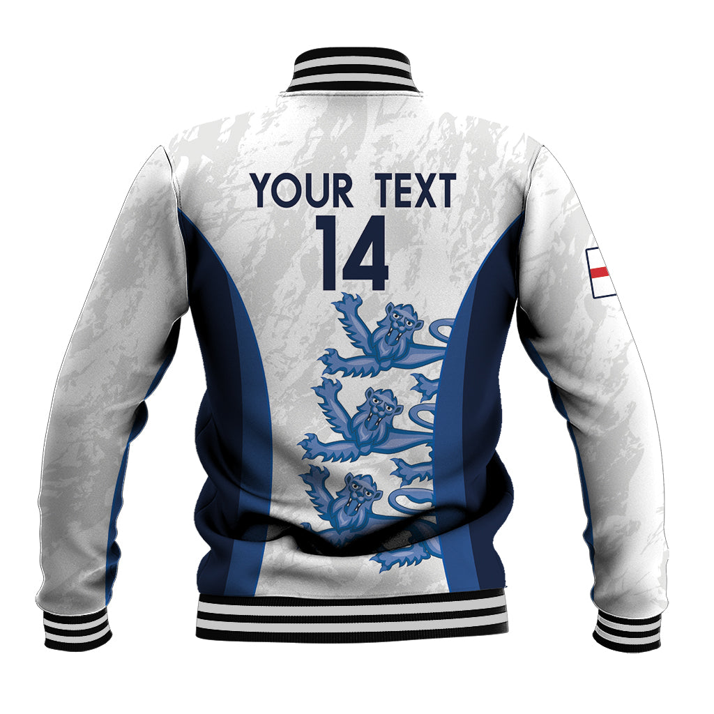 White baseball jacket back with blue lion stripe, 'YOUR TEXT 14' and England flag patch