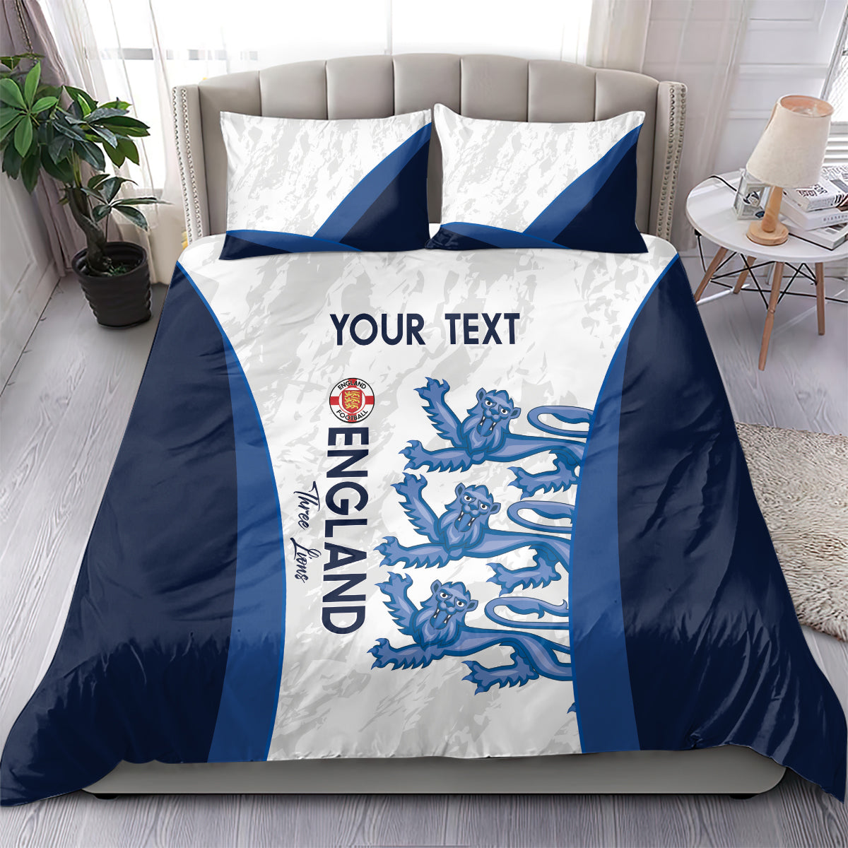 England football bedding set on bed: white with blue stripes, lions graphic, and “YOUR TEXT”