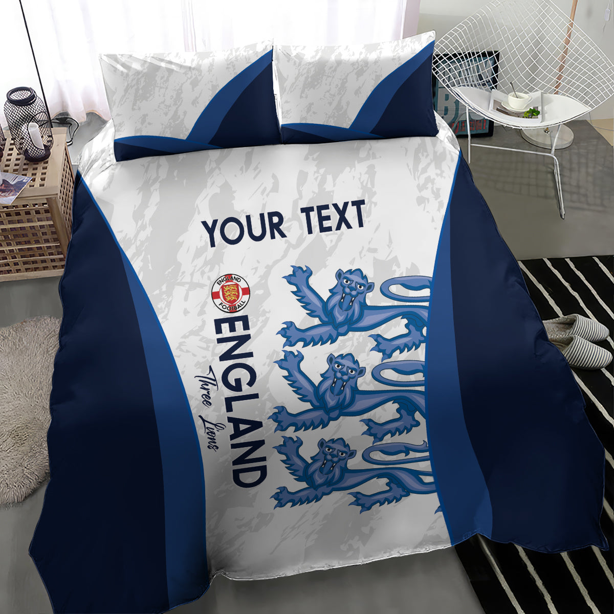 England football bedding set with blue corner stripes, lions emblem, and “YOUR TEXT” center panel