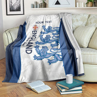 Blue-edge white throw blanket with lion crest artwork and “YOUR TEXT”