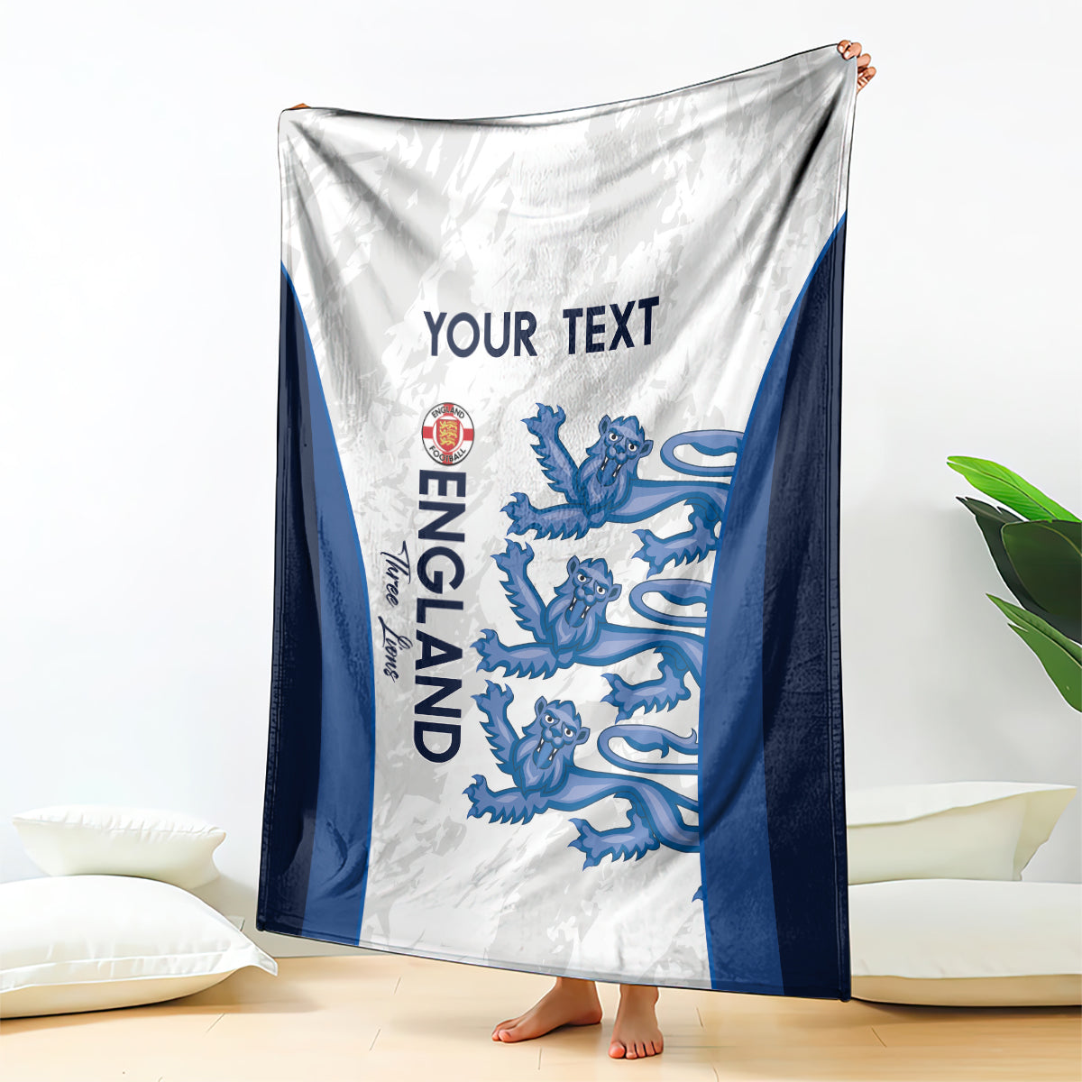 Blue and white England-style throw blanket with lion graphics and “YOUR TEXT”