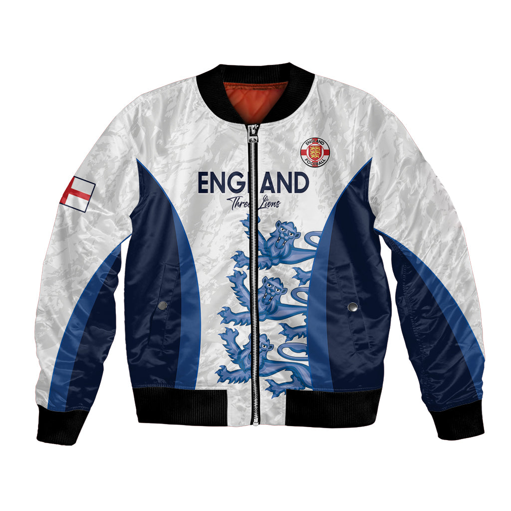 White bomber jacket with blue side panels, full zip, ribbed collar, England crest badge