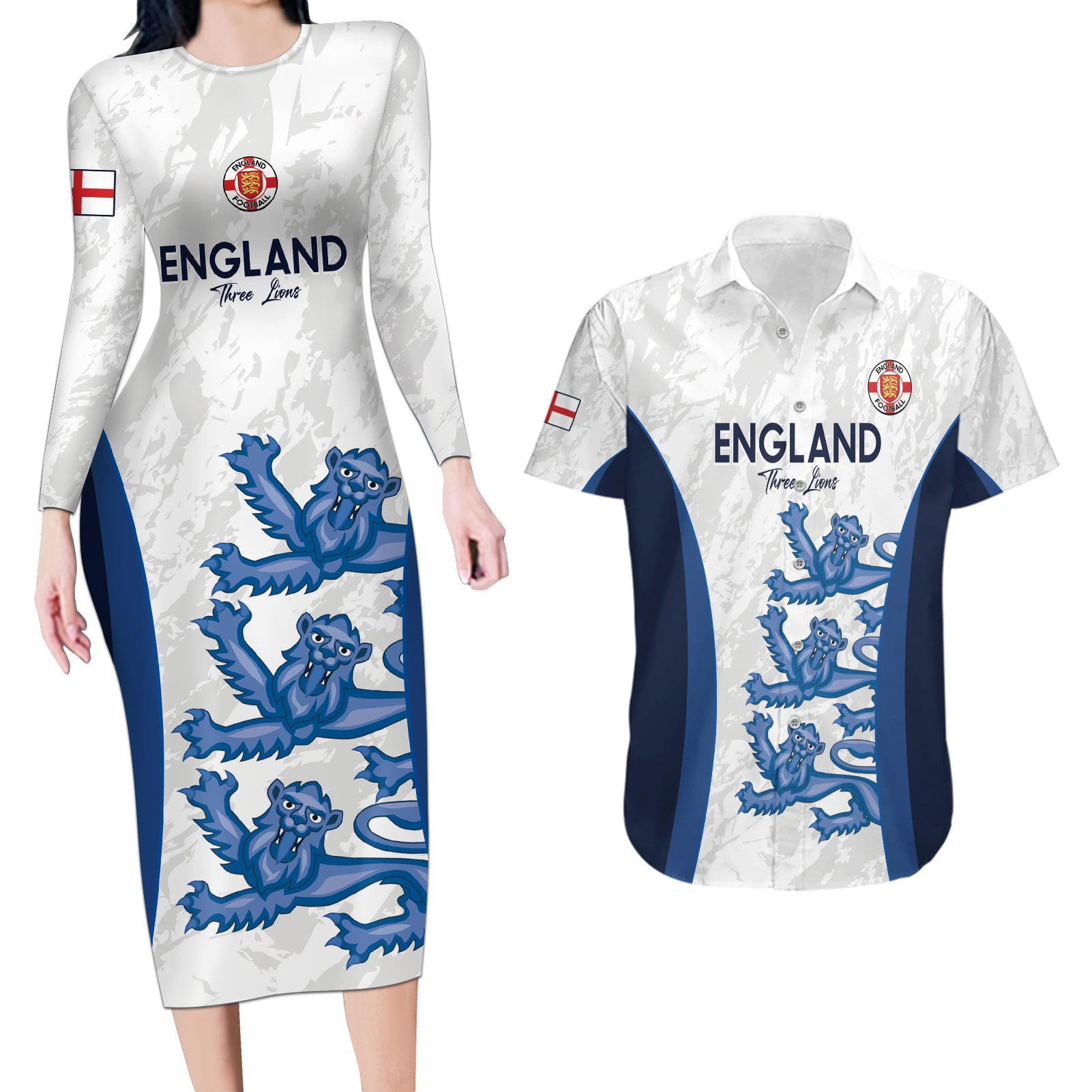 Custom England Football Couples Matching Long Sleeve Bodycon Dress and Hawaiian Shirt 2024 Go Champions Three Lions - Wonder Print Shop