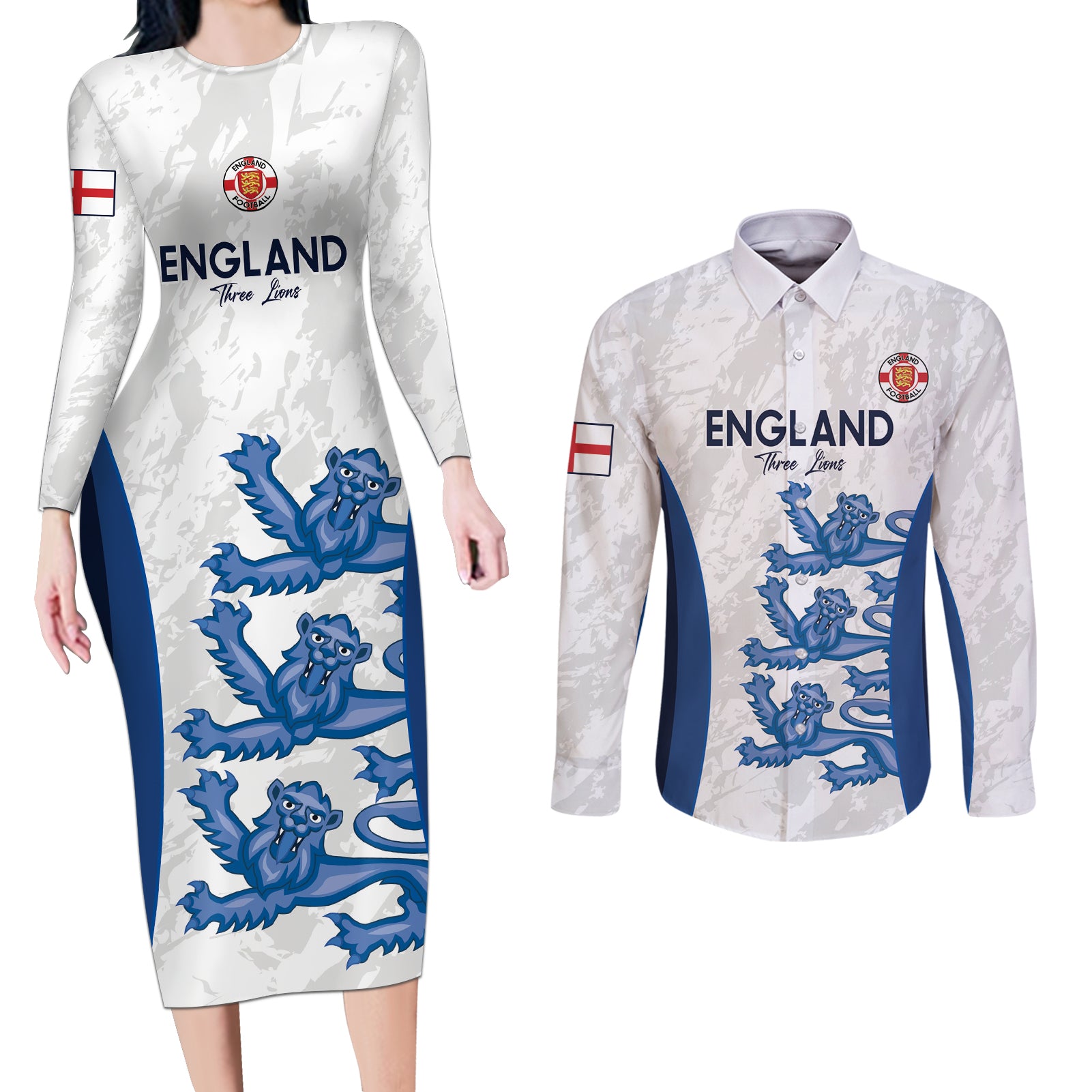 Custom England Football Couples Matching Long Sleeve Bodycon Dress and Long Sleeve Button Shirt 2024 Go Champions Three Lions - Wonder Print Shop