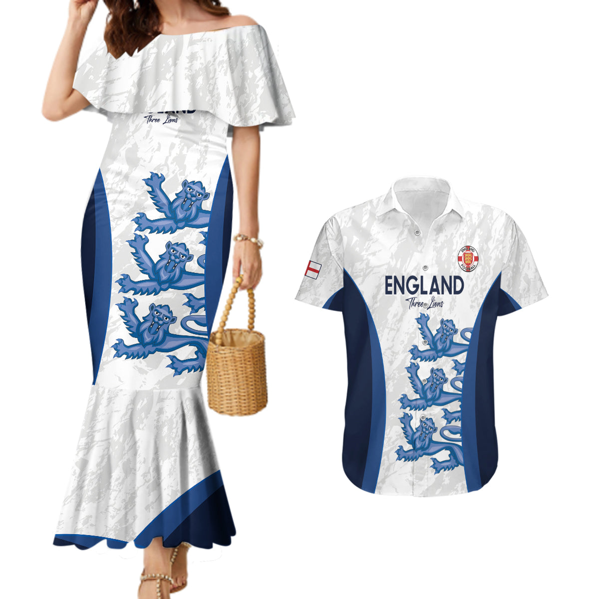 Custom England Football Couples Matching Mermaid Dress and Hawaiian Shirt 2024 Go Champions Three Lions - Wonder Print Shop