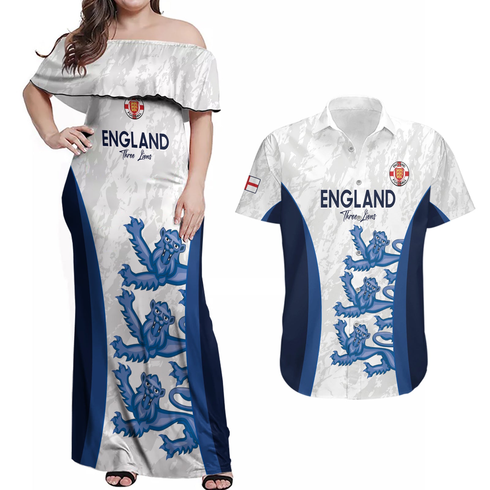 Custom England Football Couples Matching Off Shoulder Maxi Dress and Hawaiian Shirt 2024 Go Champions Three Lions - Wonder Print Shop