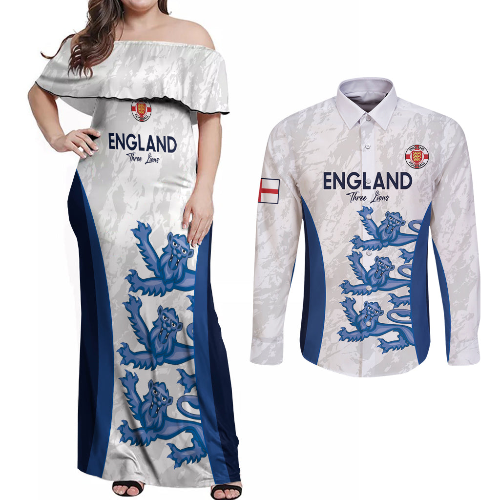 Custom England Football Couples Matching Off Shoulder Maxi Dress and Long Sleeve Button Shirt 2024 Go Champions Three Lions - Wonder Print Shop