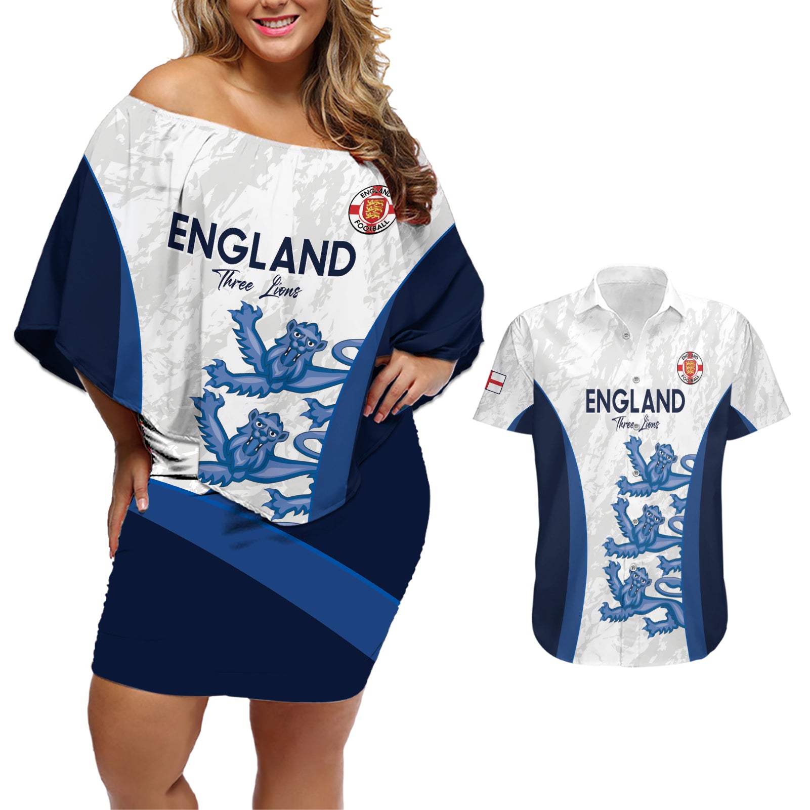 Custom England Football Couples Matching Off Shoulder Short Dress and Hawaiian Shirt 2024 Go Champions Three Lions - Wonder Print Shop