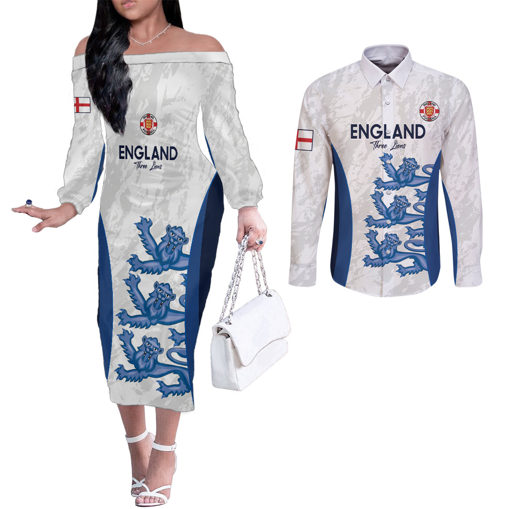 Custom England Football Couples Matching Off The Shoulder Long Sleeve Dress and Long Sleeve Button Shirt 2024 Go Champions Three Lions