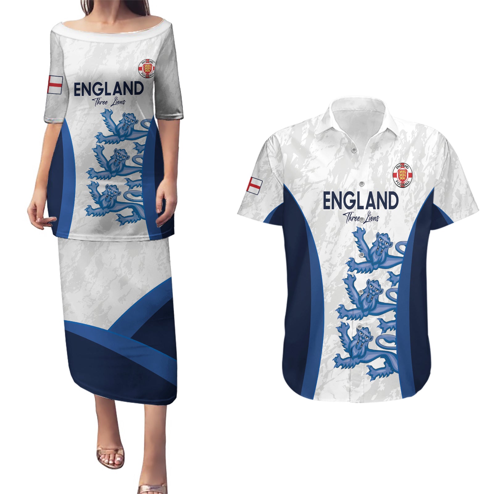 Custom England Football Couples Matching Puletasi and Hawaiian Shirt 2024 Go Champions Three Lions - Wonder Print Shop