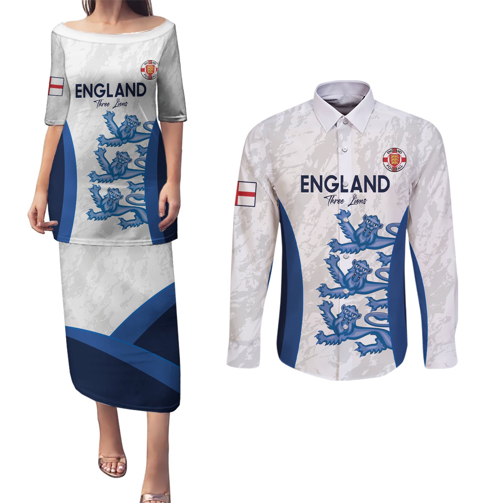 Custom England Football Couples Matching Puletasi and Long Sleeve Button Shirt 2024 Go Champions Three Lions - Wonder Print Shop