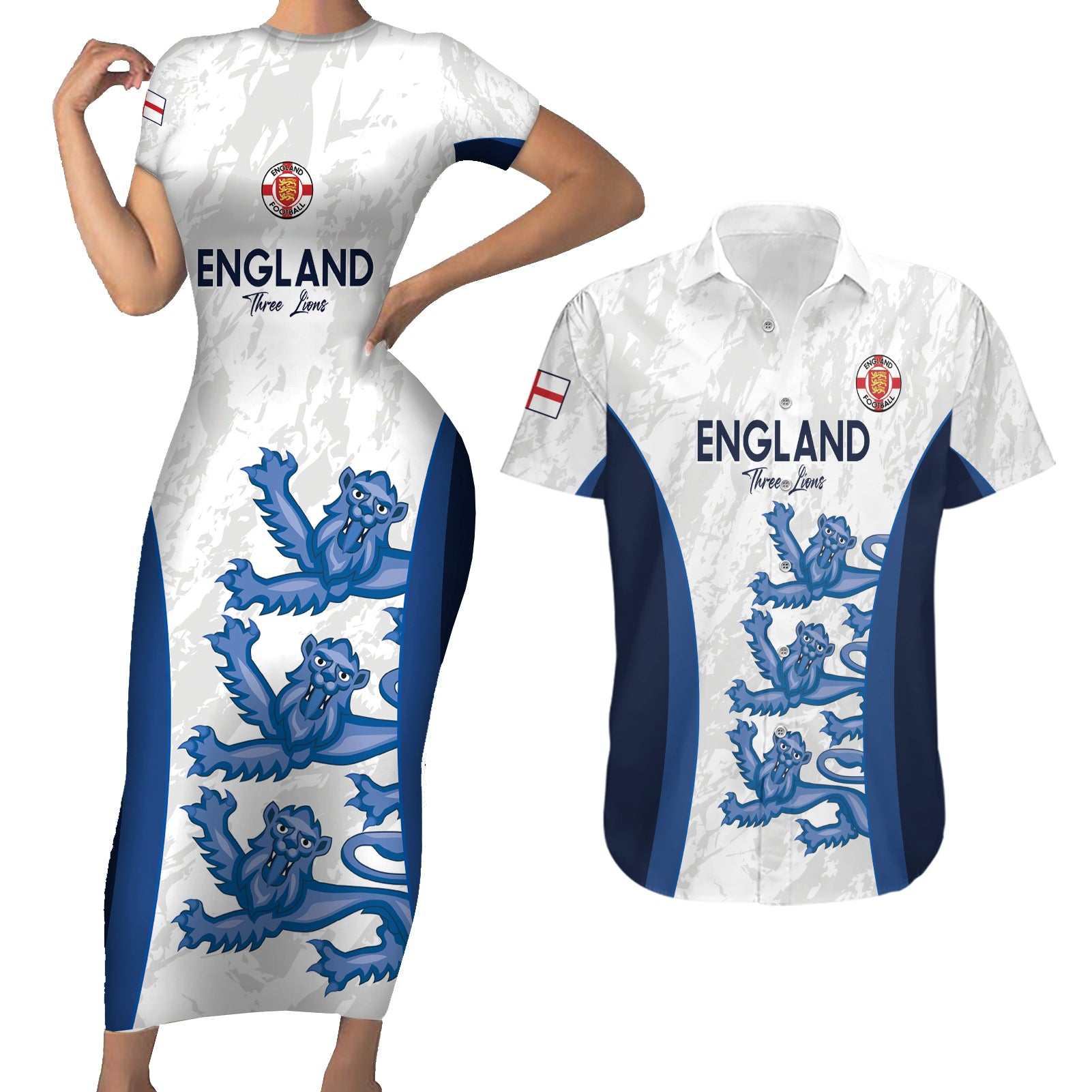 Custom England Football Couples Matching Short Sleeve Bodycon Dress and Hawaiian Shirt 2024 Go Champions Three Lions - Wonder Print Shop