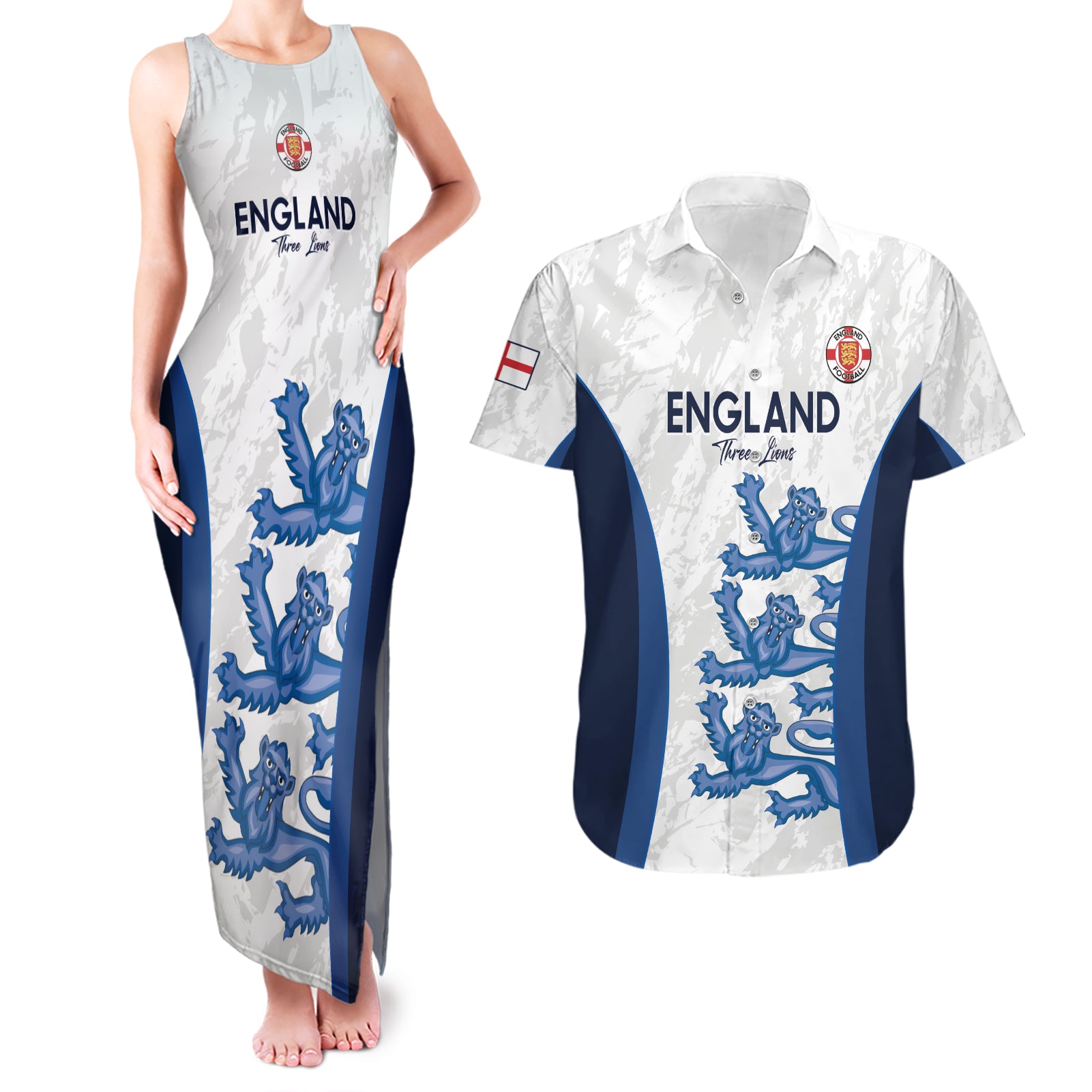 Custom England Football Couples Matching Tank Maxi Dress and Hawaiian Shirt 2024 Go Champions Three Lions - Wonder Print Shop