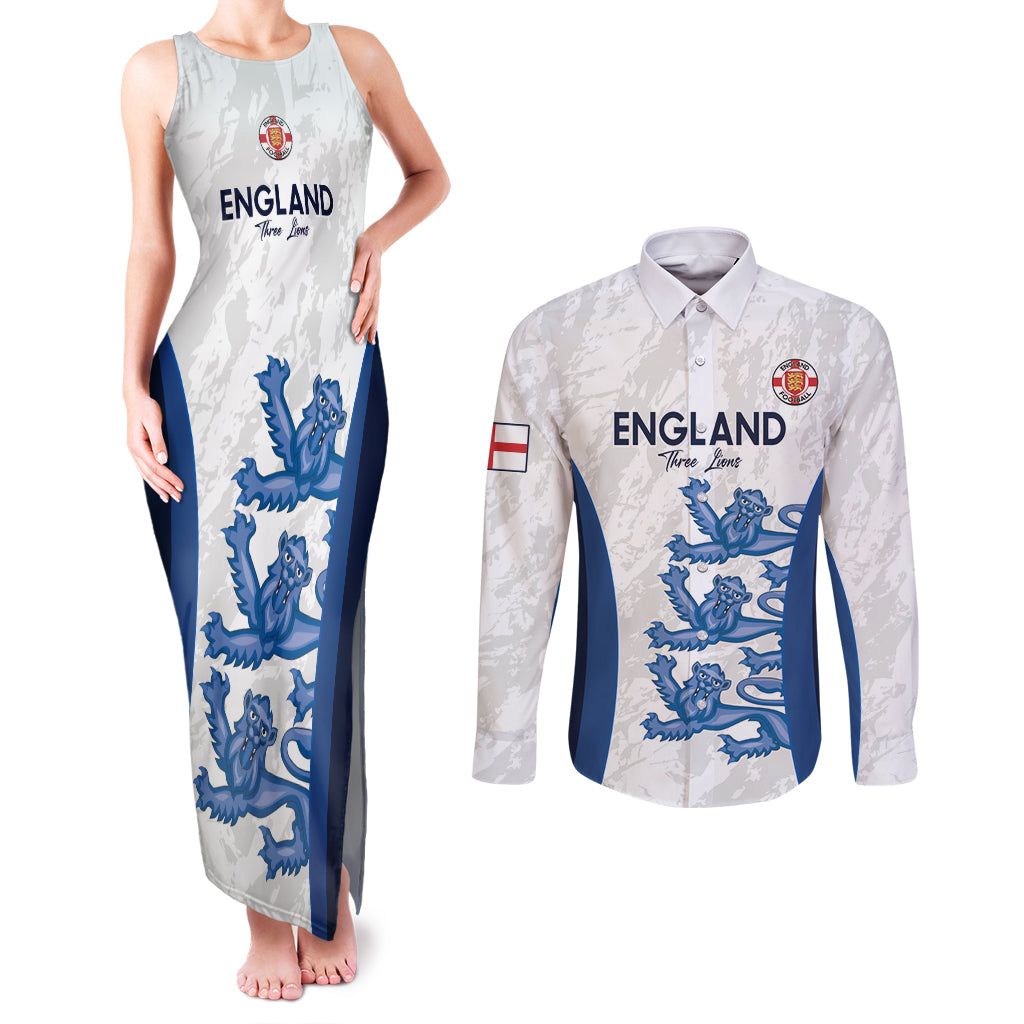 Custom England Football Couples Matching Tank Maxi Dress and Long Sleeve Button Shirt 2024 Go Champions Three Lions - Wonder Print Shop