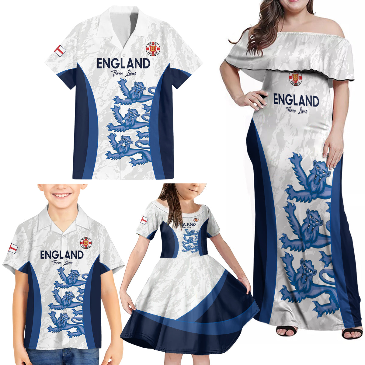 Custom England Football Family Matching Off Shoulder Maxi Dress and Hawaiian Shirt 2024 Go Champions Three Lions - Wonder Print Shop