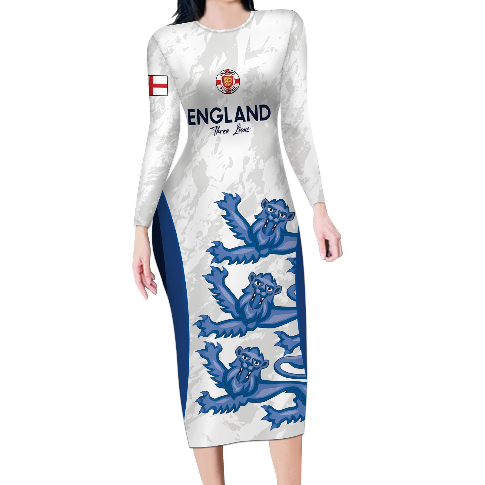 Custom England Football Long Sleeve Bodycon Dress 2024 Go Champions Three Lions - Wonder Print Shop