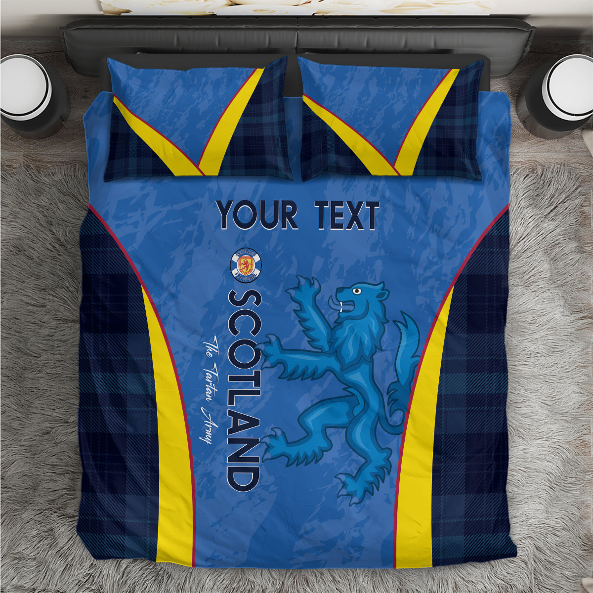 Blue Scotland football bedding set with yellow V accents, lion graphic, two pillowcases
