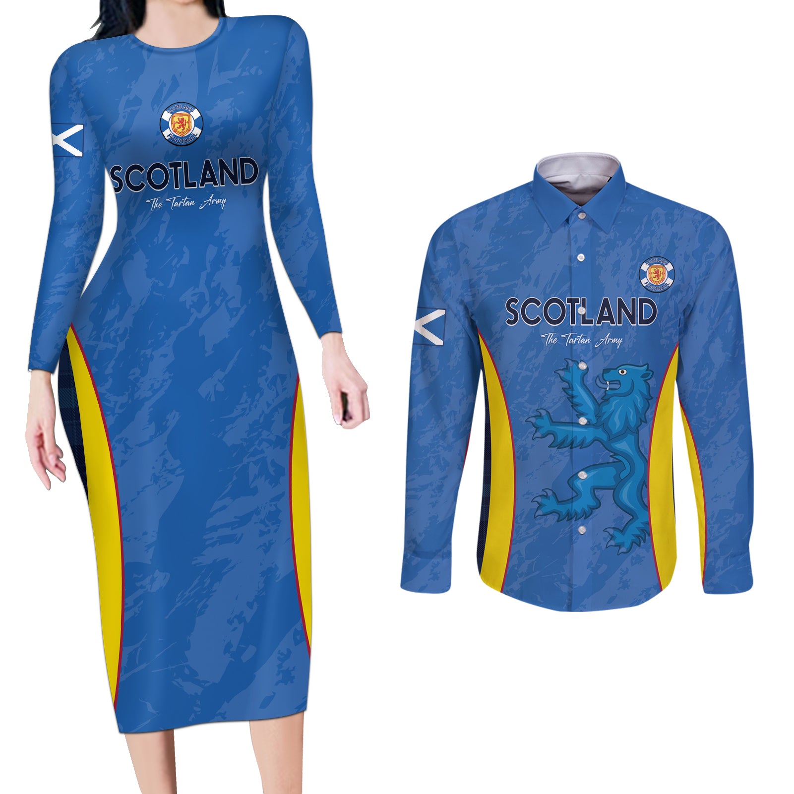 Custom Scotland Football Couples Matching Long Sleeve Bodycon Dress and Long Sleeve Button Shirt 2024 Go Champions Scottish - Wonder Print Shop