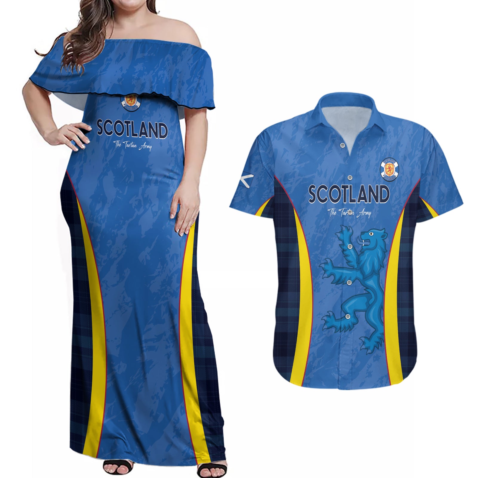 Custom Scotland Football Couples Matching Off Shoulder Maxi Dress and Hawaiian Shirt 2024 Go Champions Scottish - Wonder Print Shop