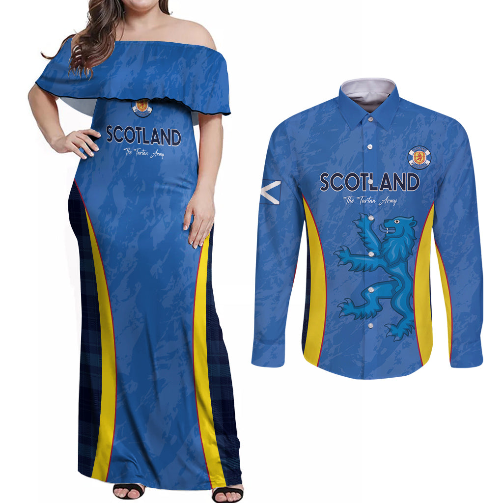 Custom Scotland Football Couples Matching Off Shoulder Maxi Dress and Long Sleeve Button Shirt 2024 Go Champions Scottish - Wonder Print Shop