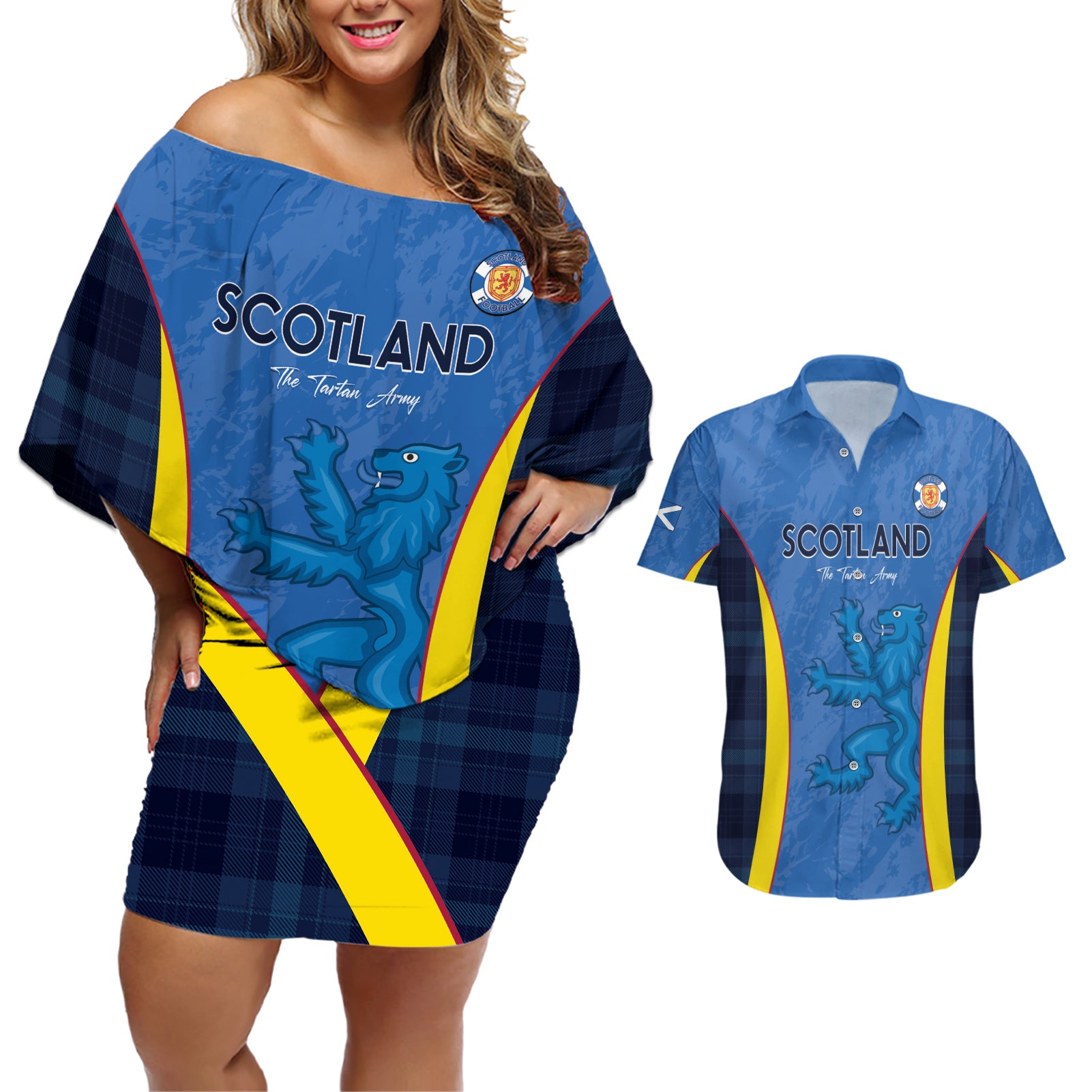 Custom Scotland Football Couples Matching Off Shoulder Short Dress and Hawaiian Shirt 2024 Go Champions Scottish - Wonder Print Shop