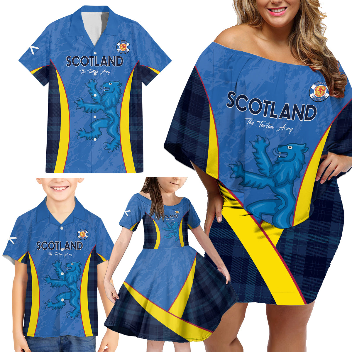 Custom Scotland Football Family Matching Off Shoulder Short Dress and Hawaiian Shirt 2024 Go Champions Scottish - Wonder Print Shop