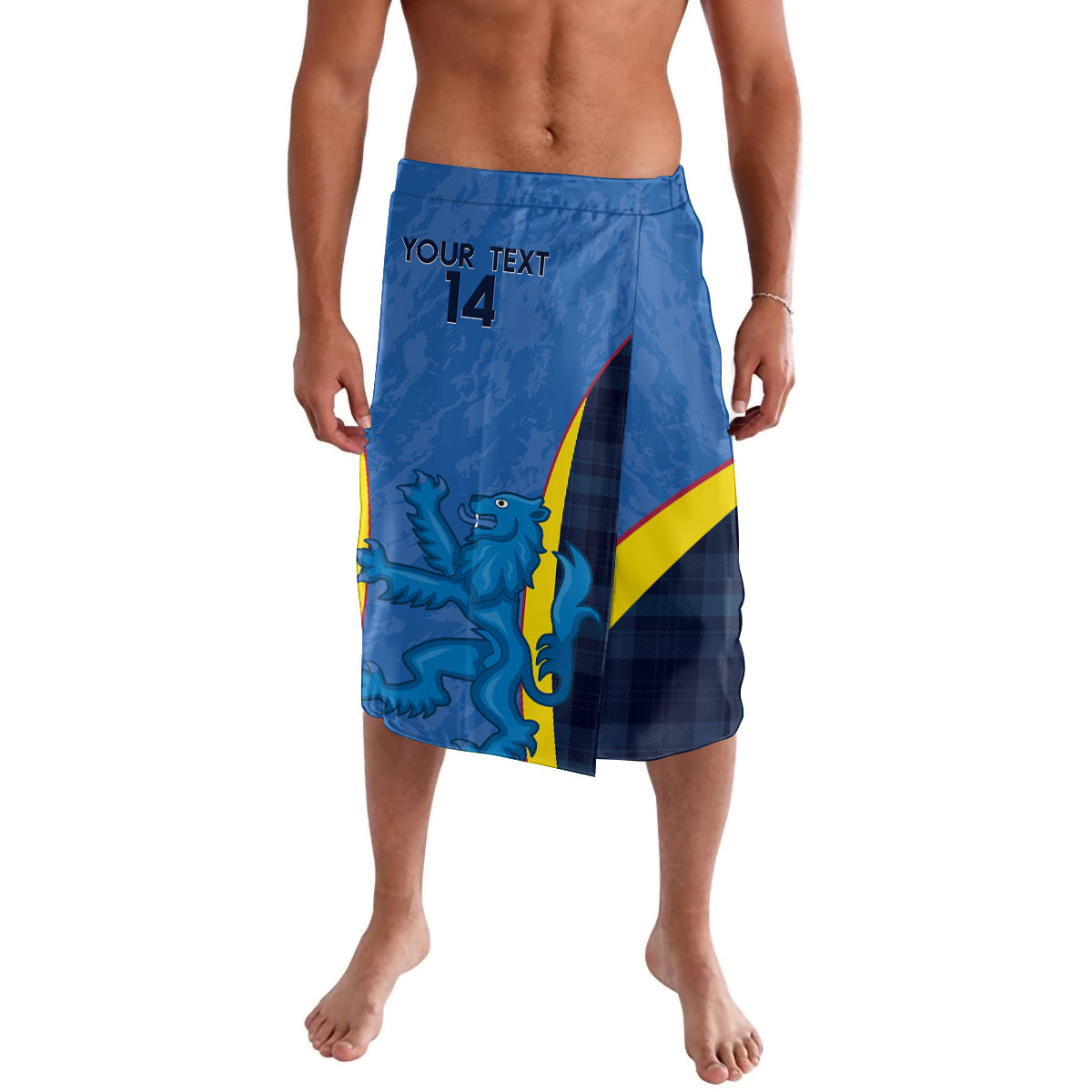 Blue lavalava with lion graphic, diagonal yellow stripe, 'YOUR TEXT 14' print