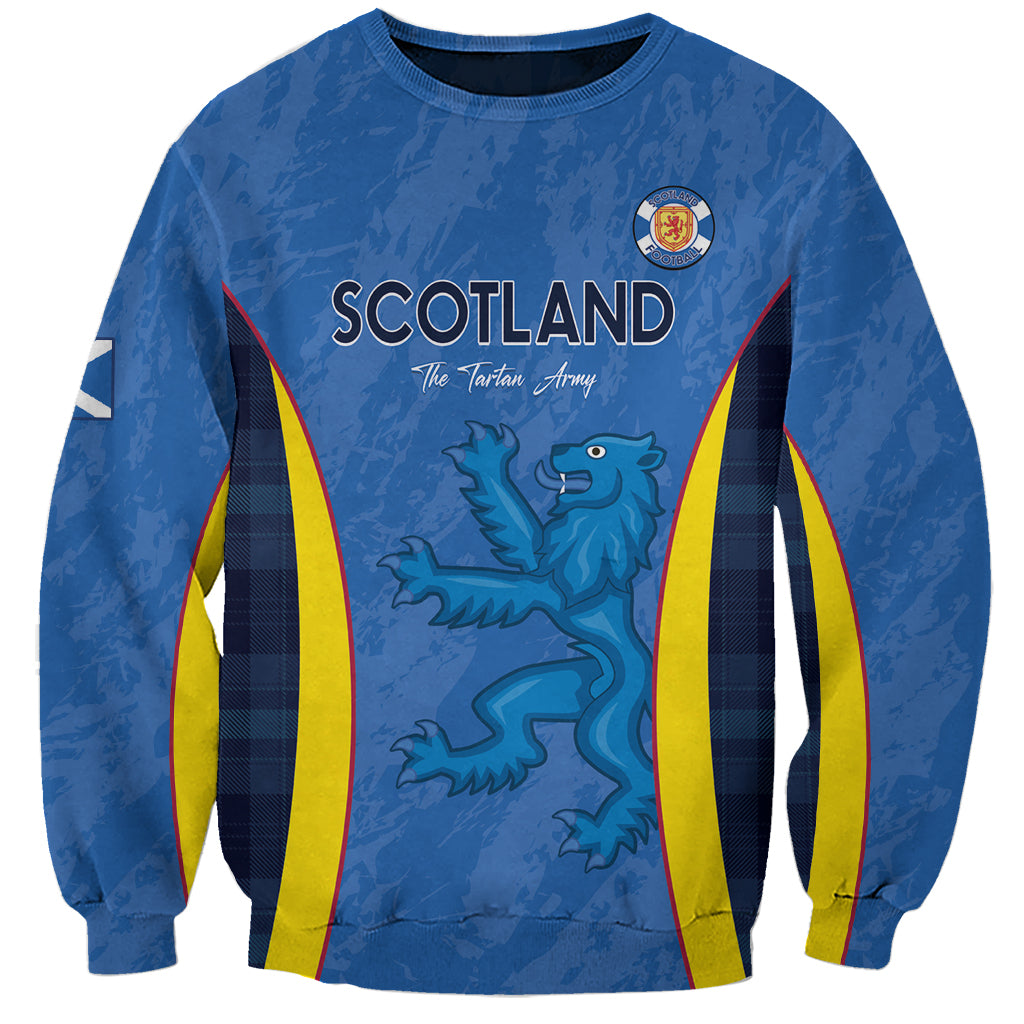 Blue unisex football sweatshirt with Scotland front graphic and lion crest badge