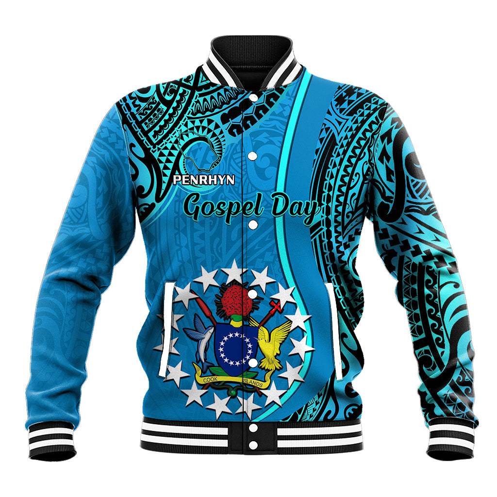 Blue baseball jacket, tribal print, ribbed collar/cuffs, front graphic with crest and stars