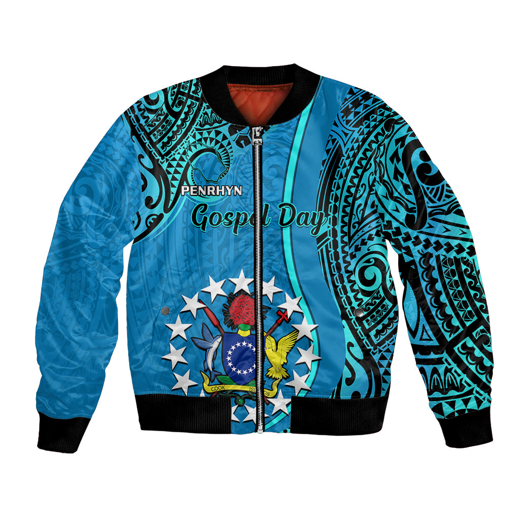 Blue bomber jacket with tribal print, Gospel Day graphic, and ribbed trim