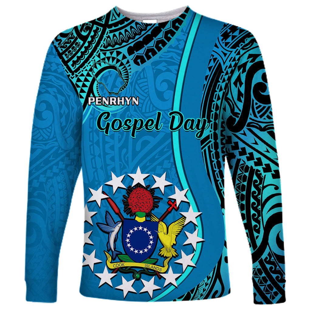 Blue long-sleeve shirt with teal tribal pattern and round emblem print at chest
