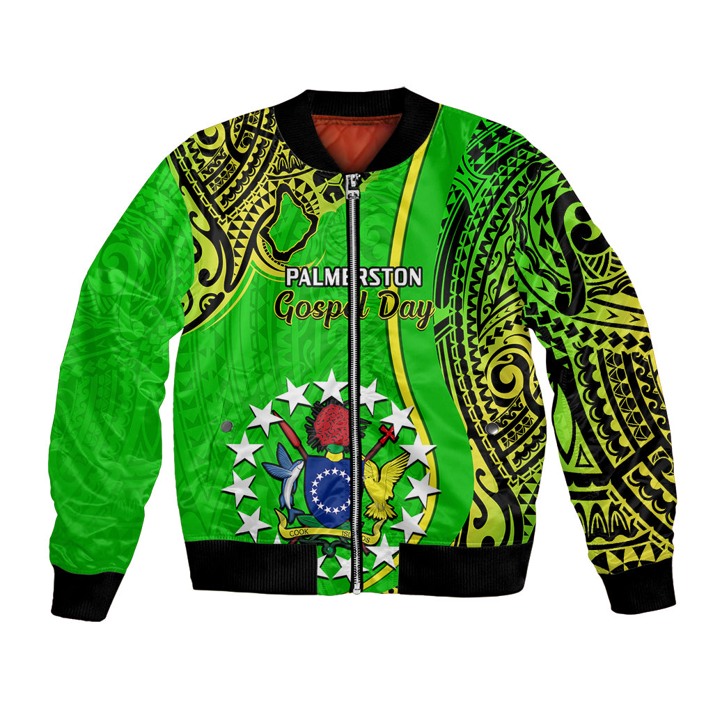Green unisex bomber jacket with tribal pattern, black rib trim, front zip closure