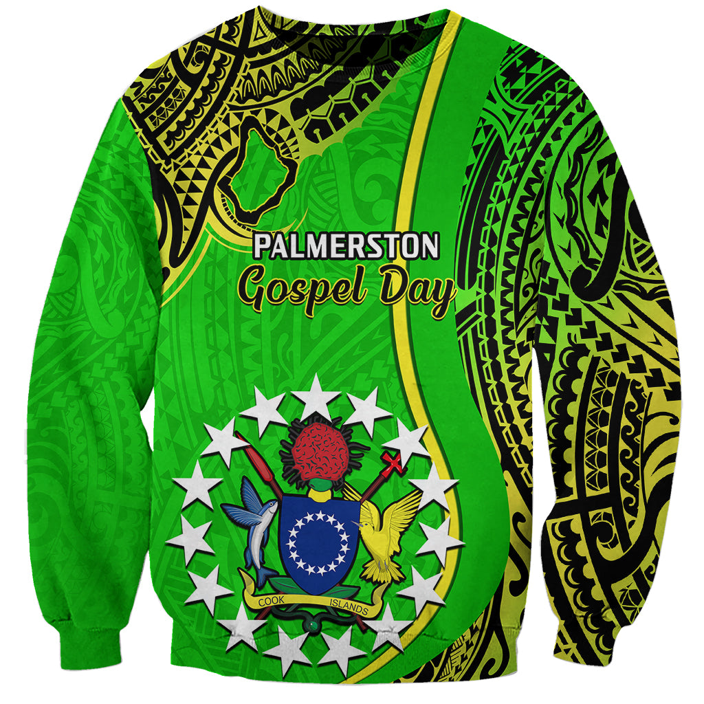 Unisex green sweatshirt with tribal print and “Palmerston Gospel Day” graphic on front