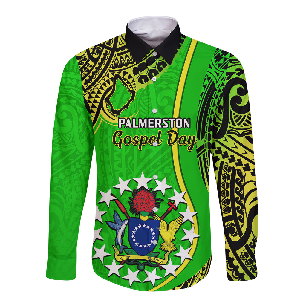 Green long-sleeve button shirt with tribal graphic and Gospel Day text at chest