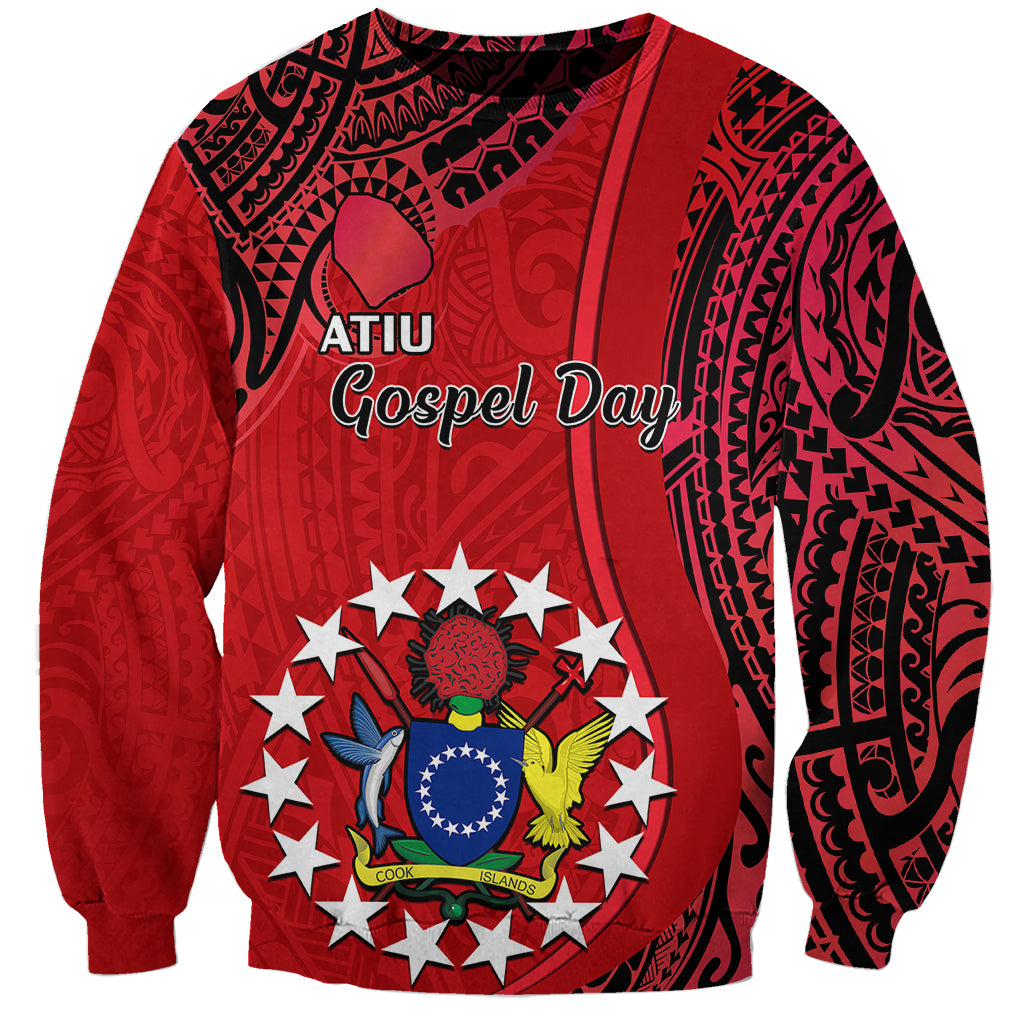 Red unisex sweatshirt with tribal print and large emblem, crew neck, long sleeves