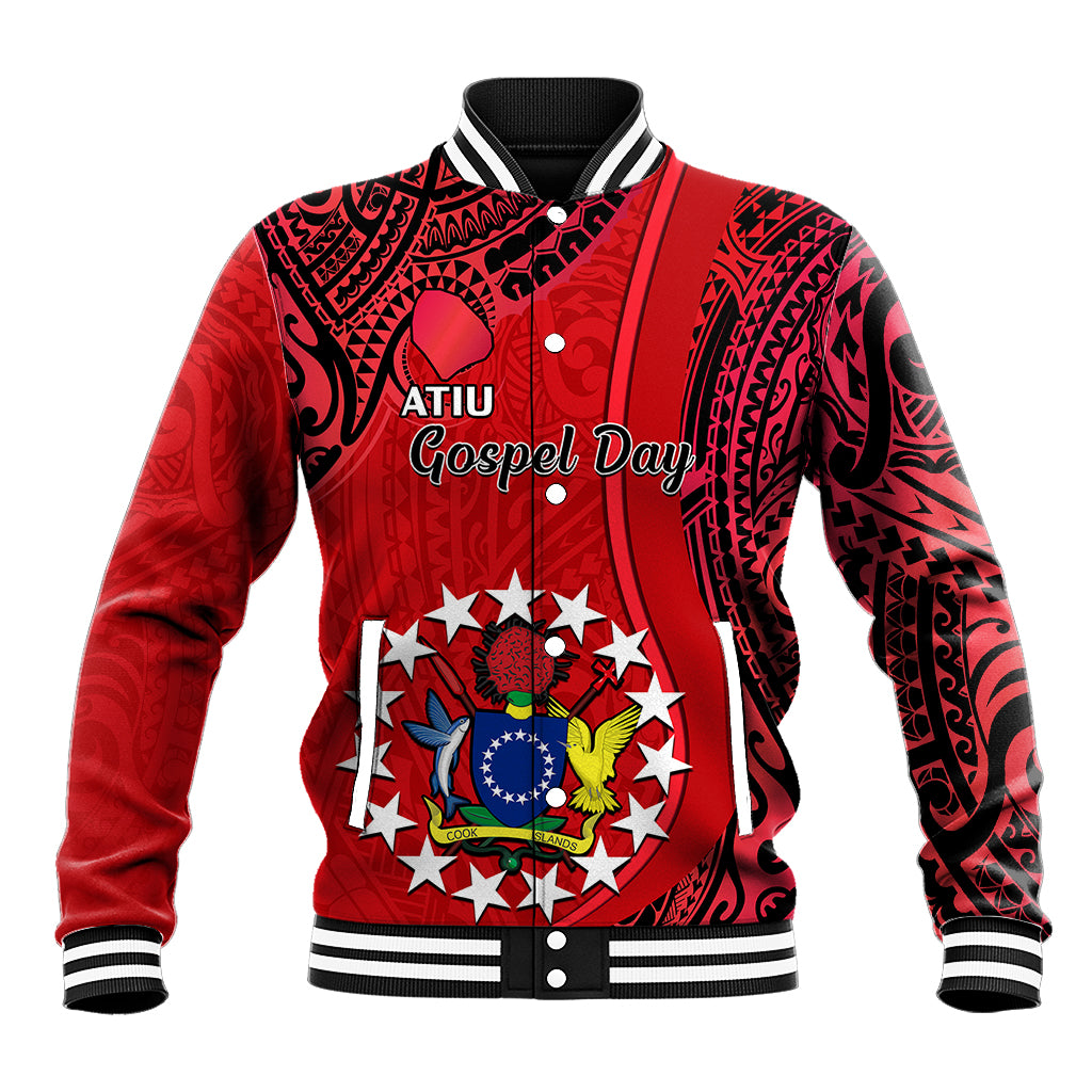 Red baseball jacket, black tribal pattern, snap front and 'ATIU Gospel Day' graphic