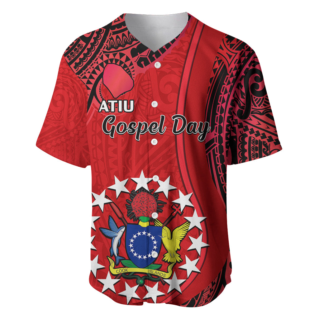 Red V-neck baseball jersey with black tribal pattern and front text 'ATIU Gospel Day'