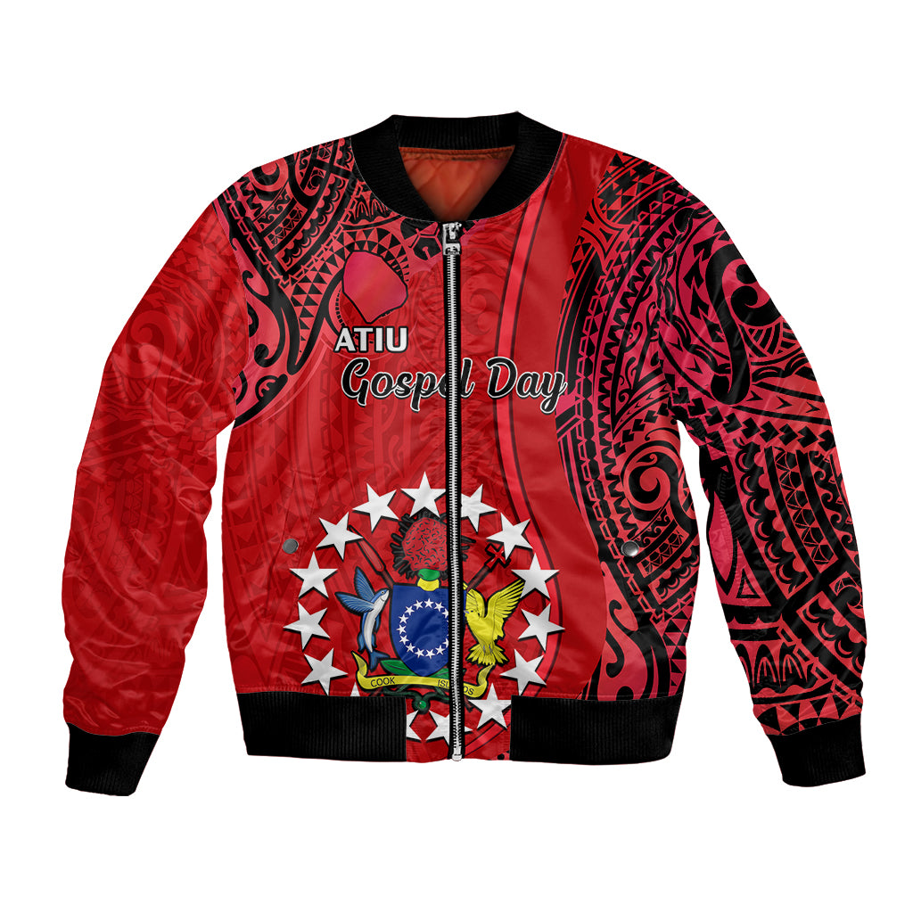 Red bomber jacket with black ribbed collar, zip front, and tribal print front graphic
