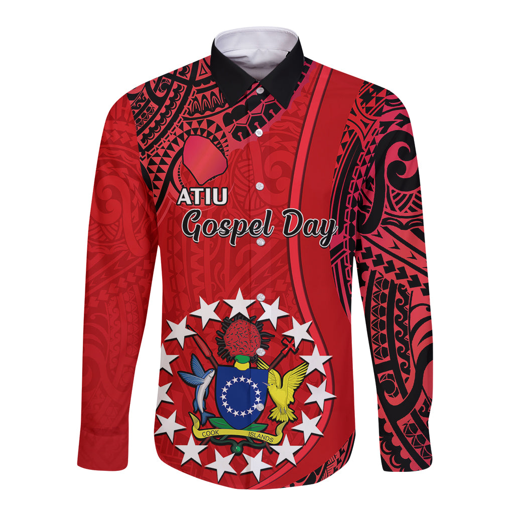 Red long-sleeve button shirt with black tribal pattern and Gospel Day graphic