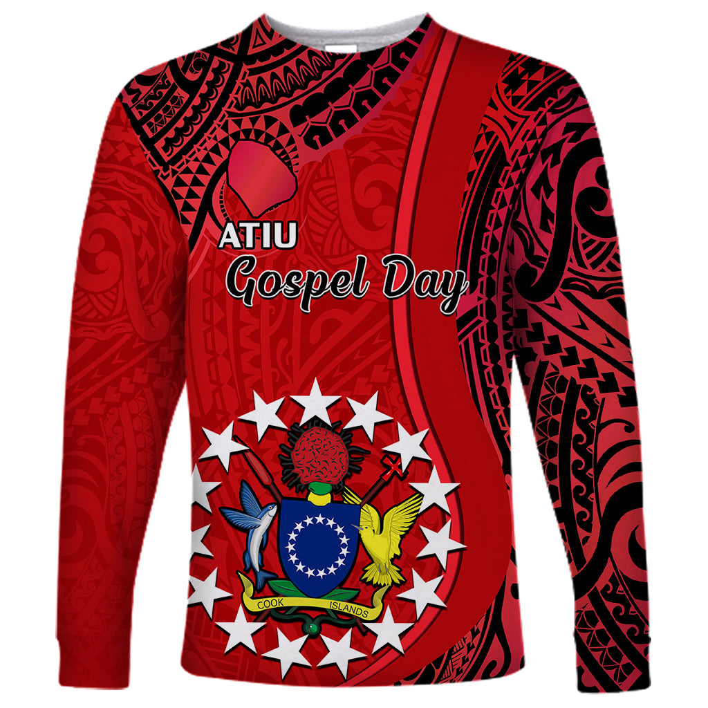 Personalised red long-sleeve shirt with Atiu Gospel Day graphic and tribal pattern