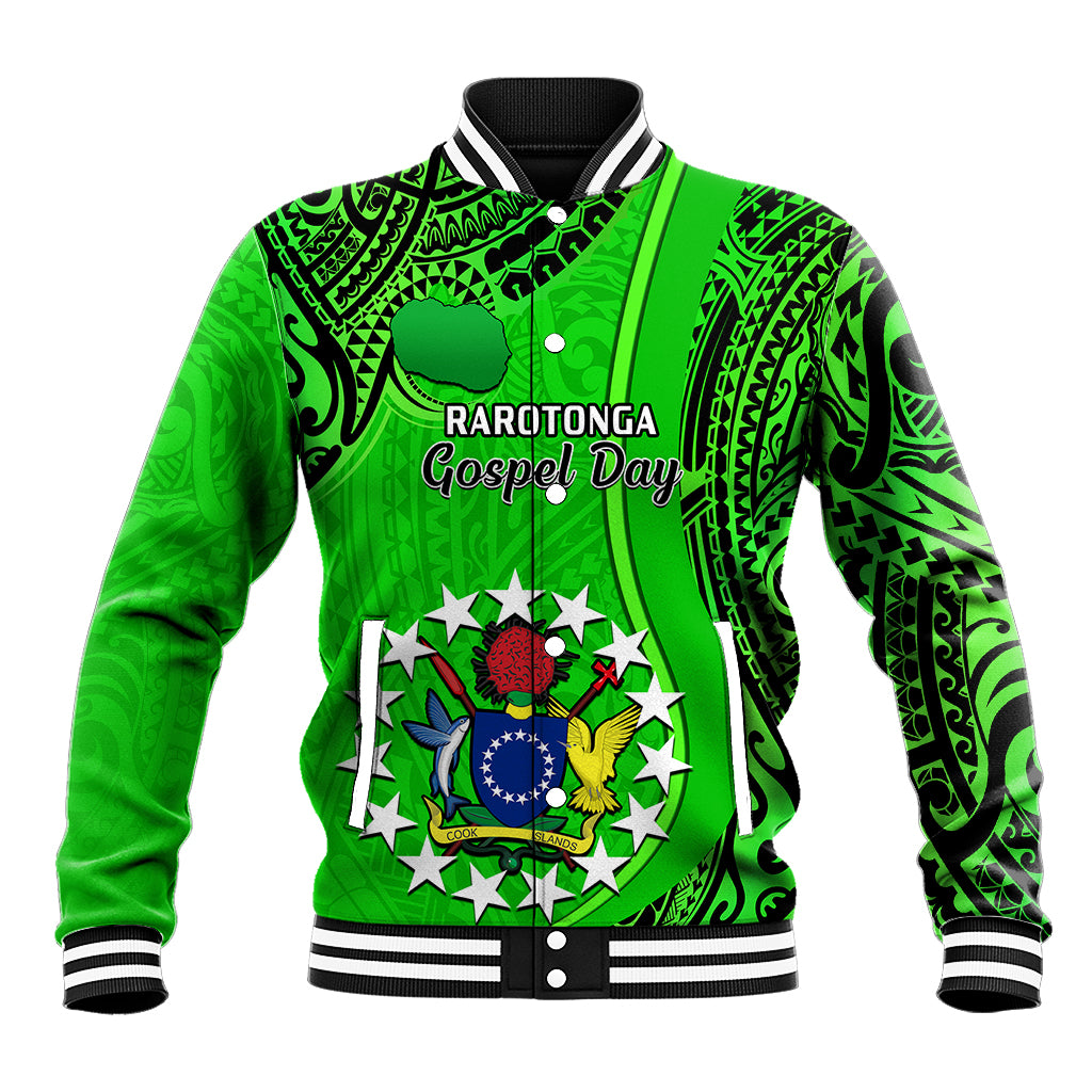 Green baseball jacket with black tribal print, striped collar and front emblem graphic