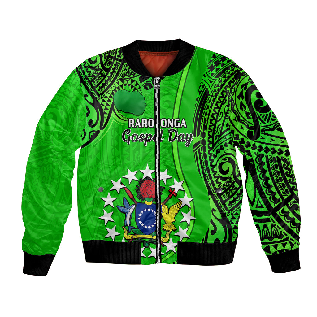 Green bomber jacket with tribal pattern, front zipper, and Rarotonga Gospel Day graphic