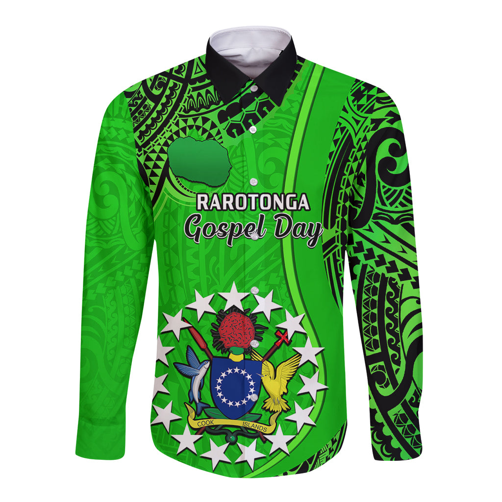 Green long-sleeve button shirt with tribal pattern and Gospel Day graphic on front